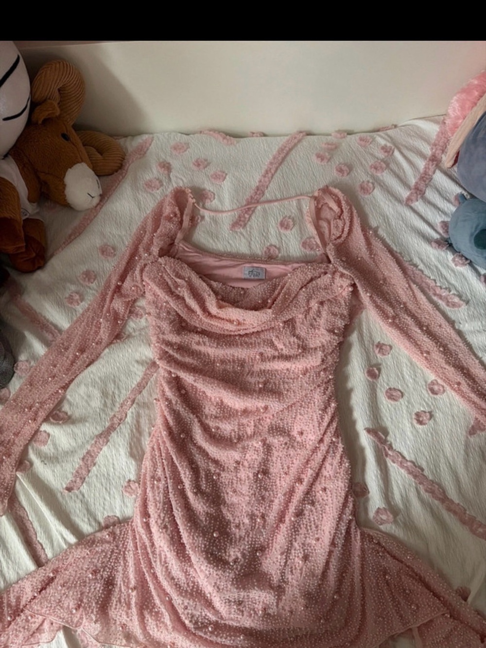Oh Polly Pink Sequin Mesh Long Sleeve Midi Dress